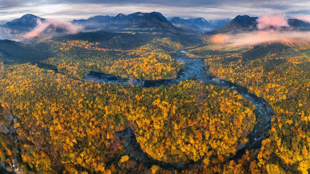 Image similar to The most beautiful panoramic landscape taken by a dron, oil painting, where the mountains are towering over the valley below their peaks shrouded in mist. The sun is just peeking over the horizon and the sky is ablaze with colors. The river is winding its way through the valley and the trees are starting to turn yellow and red, by Greg Rutkowski, aerial view