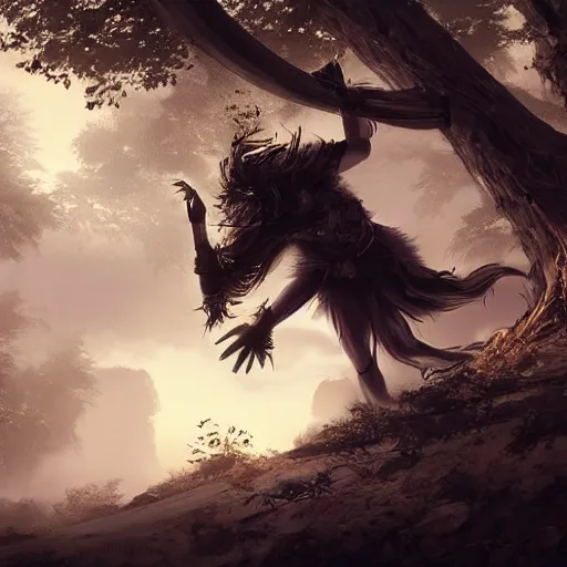 Prompt: wide angle of a warrior grab a leaf from the tree : 6 character design : 2 midnight, illusion, stunning, breathtaking, majestic, asian fantasy, digital render, line art, unreal engine, de - noise, 8 k, volumetric lighting, symmetrical, pronounced features, detailed contrast, scattered mist, glow 3 d alejandro alvarez alena aenami