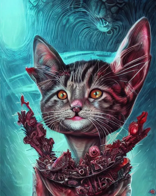 Image similar to a cute bloody kitty cat, by antonio j. manzanedo, giger, alex grey, android jones, wayne barlowe, philippe druillet, raymond swanland, cyril rolando, josephine wall, harumi hironaka, trending on artstation