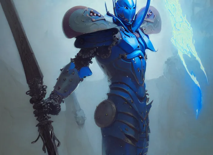 Image similar to character design digital 2 d man viking cape evangelion cyborg blue armor sword of fire by gaston bussiere, anna nikonova aka newmilky, greg rutkowski, yoji shinkawa, yoshitaka amano, tsutomu nihei, muira, moebius, donato giancola, trending on artstation, featured on pixiv