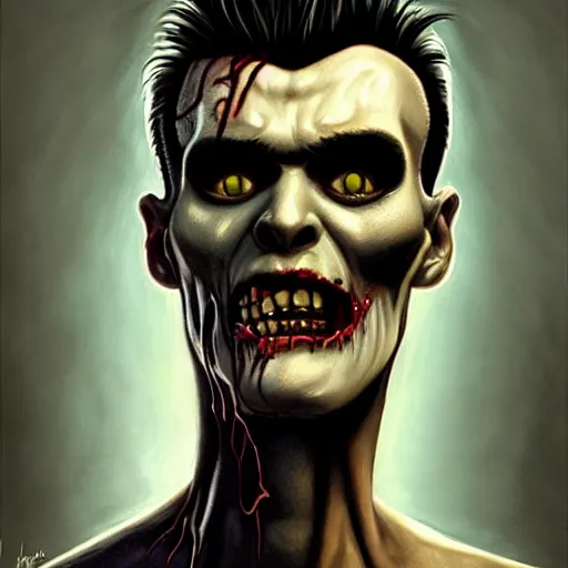 Image similar to portrait of a smooth skinned handsome zombie version of morrissey as a zombie with cuts and with a large quiff and thick eyebrows, 7 days to die zombie, realistic proportions, fine art, award winning, intricate, elegant, sharp focus, cinematic lighting, digital painting, 8 k concept art, art by brom, art by michael hussar, 8 k