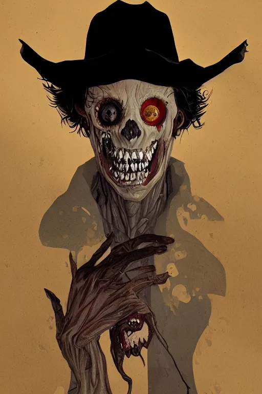 Image similar to the man in the yellow hat in sleepy hollow, full body, big two toned eyes, teeth gritted, horror, intricate details, cinematic, epic, realistic, anatomy, tomer hanuka, uplight, artstation, photorealistic, scary