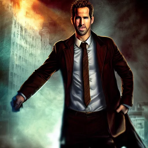 Prompt: a portrait of a Ryan Reynold as a John constantine, DC ,Grim fantasy, superheroes , HDR, natural light, shoulder level shot, dynamic pose, award winning photograph, Mucha style 4k,