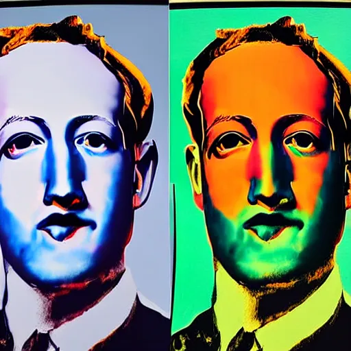 Prompt: painting of Zuckerberg in style of Warhol's Mao, soup can