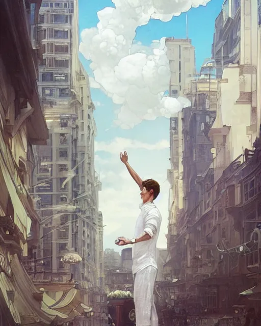 Prompt: wide angle of attractive man wearing a white linen clothes levitating over the street below, arms spread wide, the world ablaze, highly detailed, digital painting, artstation, concept art, smooth, sharp focus, illustration, art by artgerm, greg rutkowski, alphonse mucha, j. c. leyendecker