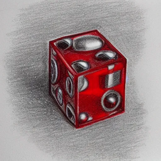 Prompt: chrome spheres on a red cube, drawn with ballpoint pen