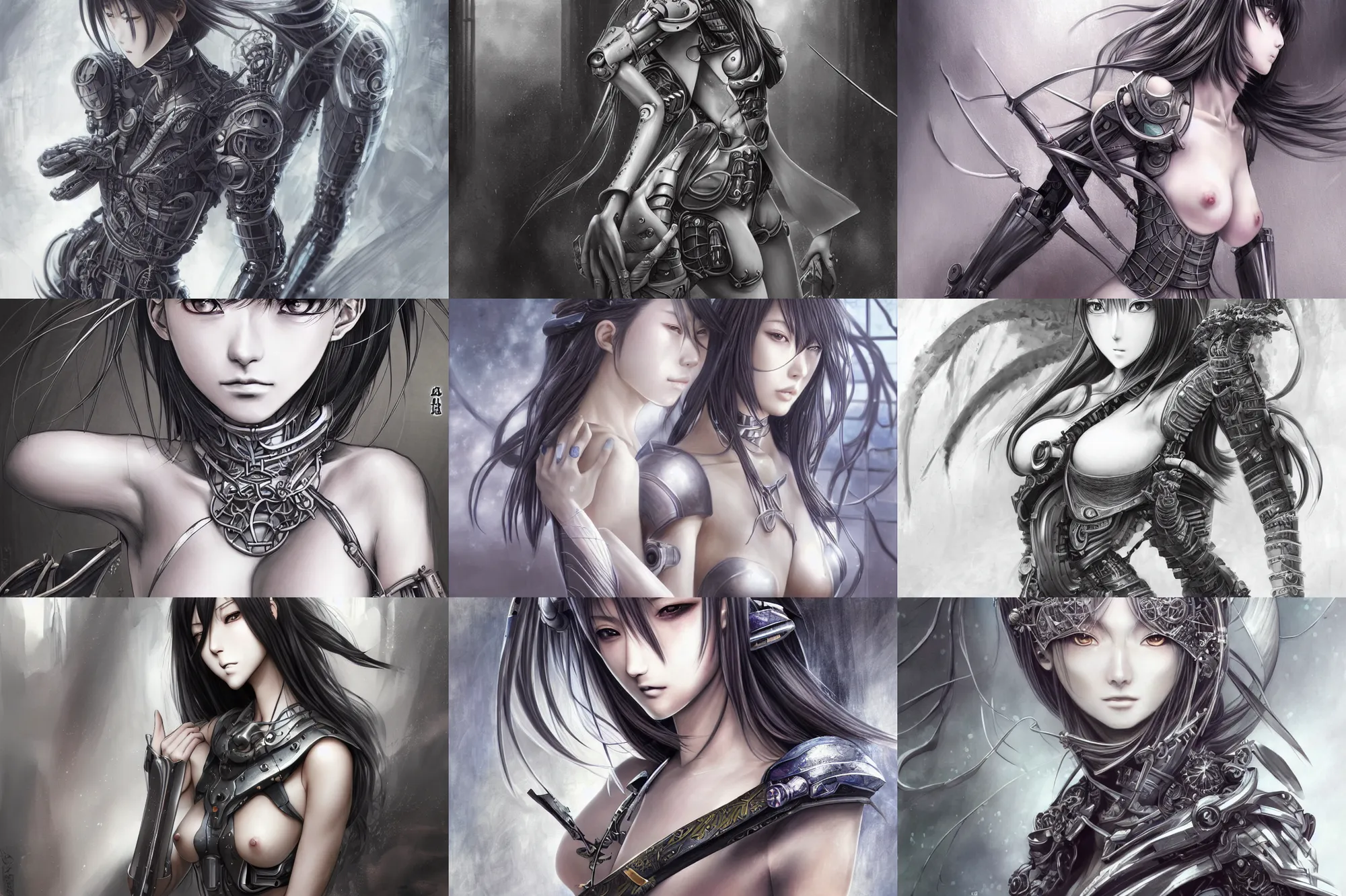 Prompt: Ultra realistic illustration, incredible Japanese manga panels showing an incredibly beautiful and alluring, beautiful cyborg warrior priestess feminine figure, smooth skin, gorgeous, pretty face, beautiful fashion model body, escaping from an abandoned Tokyo subway station, D&D, fantasy, intricate, elegant, highly detailed, digital painting, concept art, smooth, sharp focus, illustration, art by artgerm and Masamune Shirow and greg rutkowski and alphonse mucha and WLOP, set in post apocalyptic Tokyo, overgrown plants, dapped light, large draped cloth, tissue ornament, dark fantasy, hyper realistic, digital illustration, trending on artstation