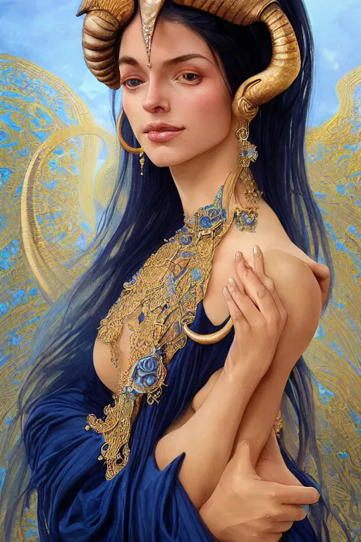 Prompt: a beautiful deep blue skinned woman, big ram horns, flowing dress, gold jewellery, dnd, face, fantasy, intricate, elegant, highly detailed, digital painting, artstation, concept art, smooth, sharp focus, illustration, art by artgerm and greg rutkowski and alphonse mucha