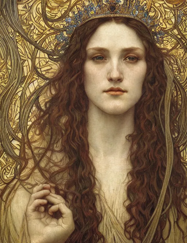 Image similar to detailed realistic beautiful young medieval queen face portrait by jean delville, alphonse mucha, vincent van gogh, and marco mazzoni, art nouveau, symbolist, visionary, gothic, pre - raphaelite