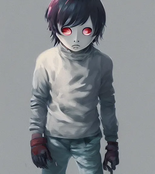 Image similar to beautiful little boy anime character inspired by jason voorhees, art by rossdraws, wlop, ilya kuvshinov, artgem lau, sakimichan and makoto shinkai, horror cinematic composition, anatomically correct, extremely coherent, realistic, mask, smooth, hd, black hair