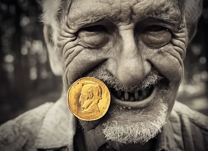 Image similar to old retro burnt out sepia photograph with scratches of an old and wrinkled man biting into a golden coin with his teeth. magical forest in the background with bokeh. Antique. High quality 8k. Intricate. Sony a7r iv 35mm. Award winning.