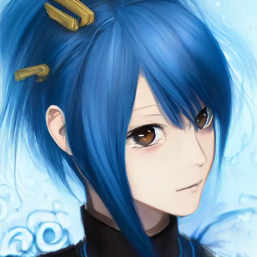 Image similar to side profile of rimuru tempest with sky blue hair, long hair, sharp face, gold eyes, high collar, black jacket | shiny, highly detailed, rain, professional digital painting, concept art, award - winning photography, cinematic, wlop | art by pixiv art, yoshitaka amano, deviantart