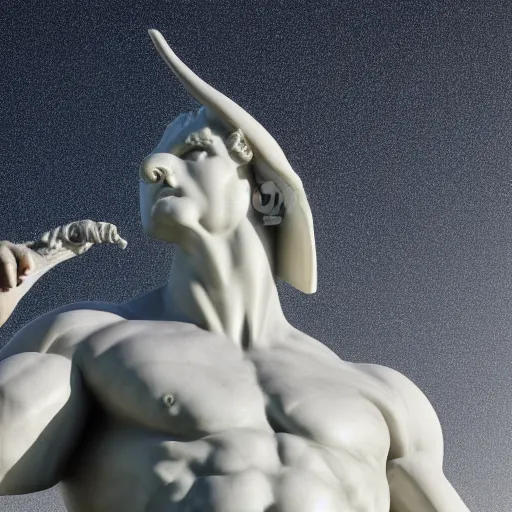 Prompt: marble sculpture of moloch wearing round sunglasses, digital art, classical art, sharp focus, clear sky, muscular bull headed man, sunset