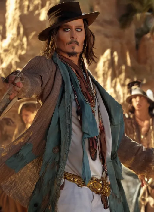 Prompt: film still of Johnny Depp as Cole Thorton in El Dorado, 4k