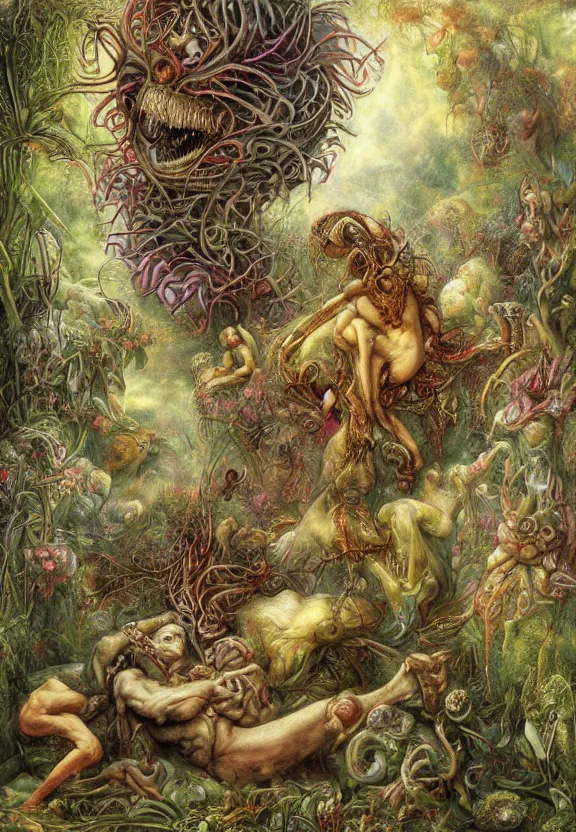 Image similar to simplicity, elegant, muscular animals, human babies, botany, orchids, radiating, colorful mandala, psychedelic, overgrown garden environment, by h. r. giger and esao andrews and maria sibylla merian eugene delacroix, gustave dore, thomas moran, pop art, biomechanical xenomorph, street art, saturated