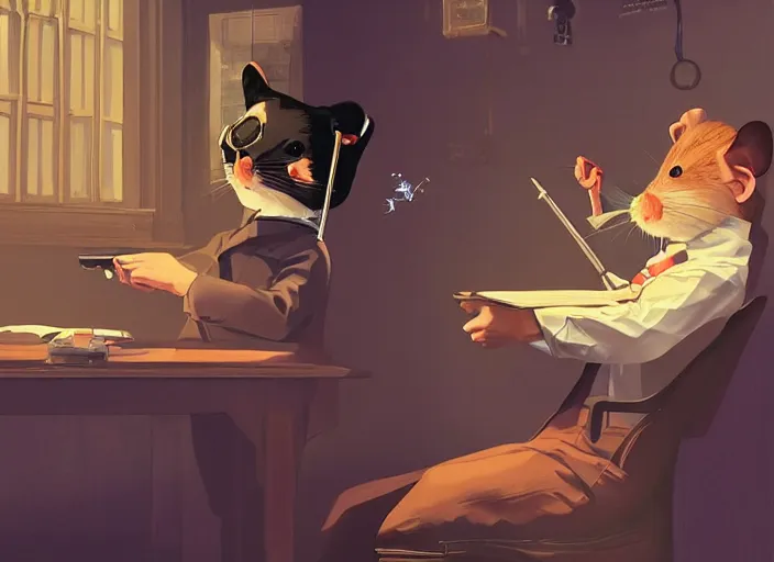 Prompt: portrait of a cute pet rat dressed as an english professor, smoking a pipe, giving a lecture in a university chemistry lab, digital art, artstation, fantasy, cinematic, fine details by realistic shaded lighting poster by ilya kuvshinov katsuhiro otomo, magali villeneuve, artgerm, jeremy lipkin and michael garmash and rob rey