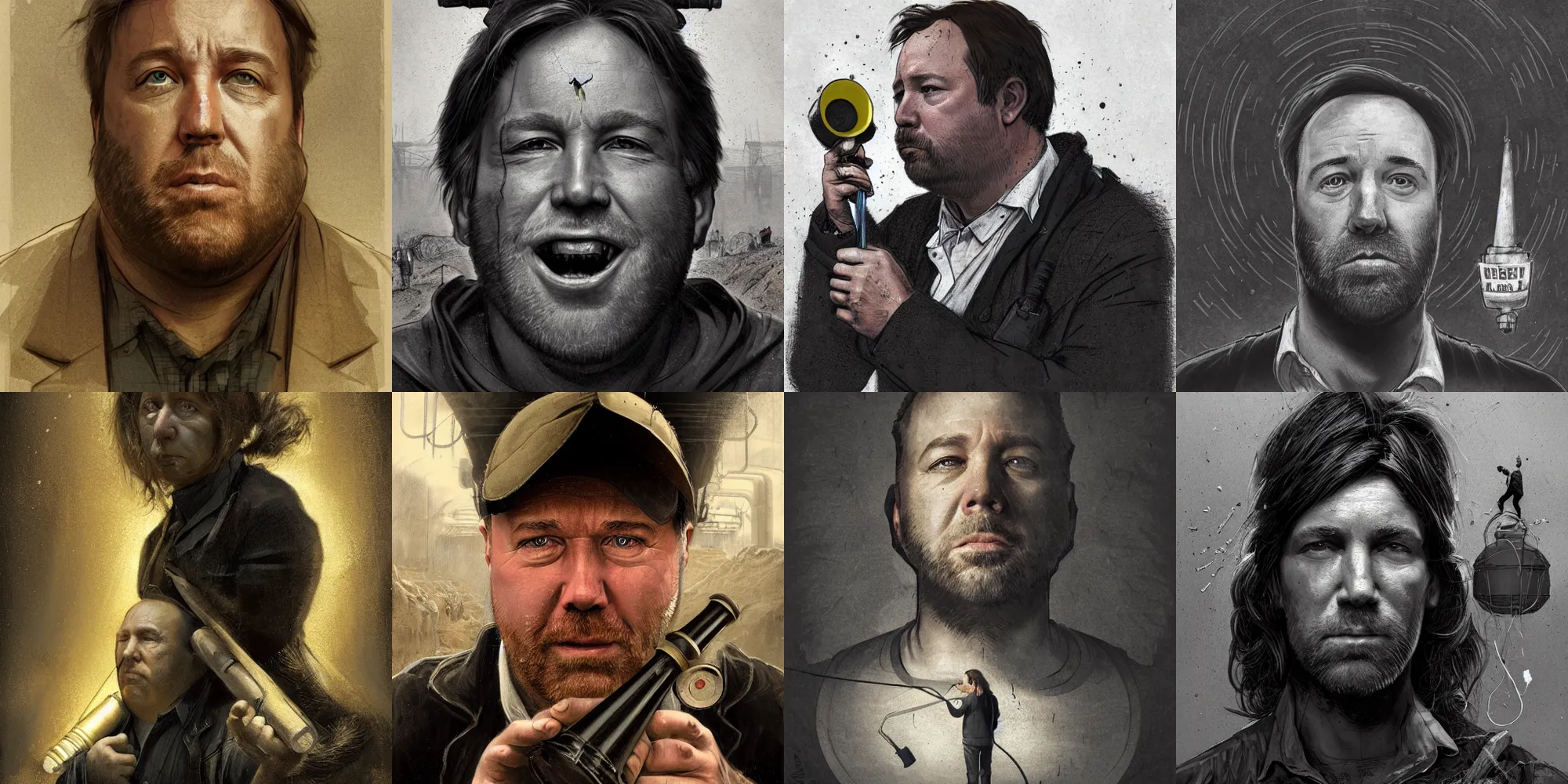 Prompt: portrait of a canary in a coal mine with Alex Jones face, holding a busted megaphone, by Antonio Caparo and Ferdinand Knab and Greg Rutkowski, modernism, concept art, newspunk illustration, detailed, UHD, photorealistic, correct face, trending on artstation