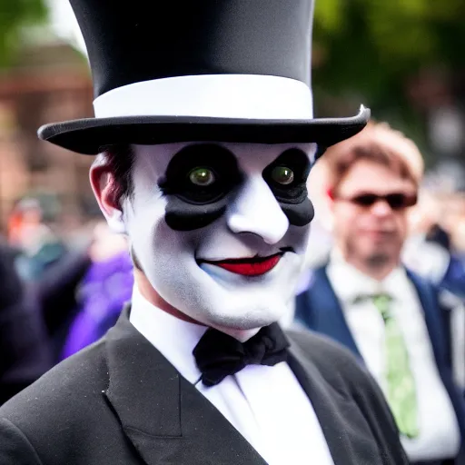 Prompt: The Babadook in black coat and top hat at a pride parade, photograph