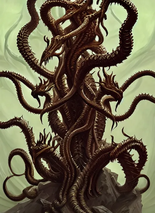 Prompt: painting of the hydra, d & d, classical, lovecraftian, satanic, fantasy, intricate, highly detailed, digital painting, artstation, concept art, smooth, sharp focus, illustration, art by artgerm and michelangelo and nicolas poussin