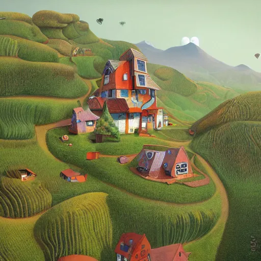 Image similar to a painting of a house on a hill, a detailed matte painting by Jacek Yerka, cg society contest winner, naive art, storybook illustration, 2d game art, matte background