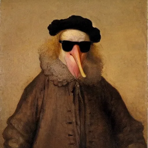 Prompt: stork with sunglasses, old dutch oil painting by rembrandt