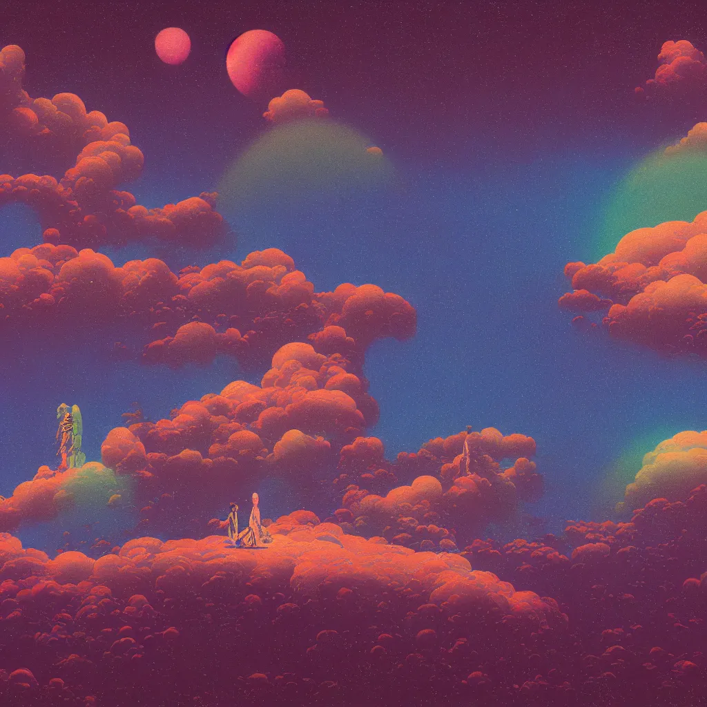 Image similar to a scifi apocalipse in space of a spiritual being dreaming psychedelic hallucinations in cosmos, rainbow colored clouds, by kawase hasui, moebius, Edward Hopper and James Gilleard, Zdzislaw Beksinski, Steven Outram, unreal engine, highly rendered, hd, 8k, artstation