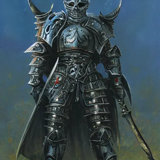 Prompt: a death knight in armor with a large sword, standing victorious in the middle of a battlefield, in the style of michael whelan, oil on canvas,