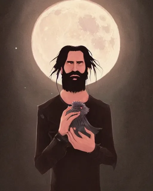 Image similar to portrait of a man with long black hair and beard holding a bird in his hands, full moon in the background, fine portrait, beautiful, concept art, by greg rutkowski, style of tomer hanuka