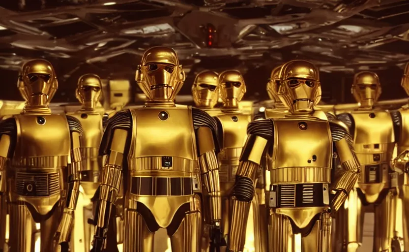 Prompt: screenshot portrait of Luke Skywalker with a fleet of chrome C-3P0 droids, iconic scene from 1980s film by Stanley Kubrick, 4k, cinematic still frame, surreal sci fi architecture, portrait photoreal Mark Hammill, detailed face, moody lighting, anamorphic lenses, stunning cinematography, hyper detailed, sharp, 4k, HD