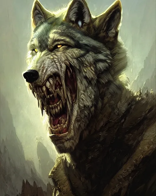 Prompt: portrait of lon chaney jr's wolf man, fantasy character portrait, ultra realistic, concept art, intricate details, highly detailed by greg rutkowski, gaston bussiere, craig mullins, simon bisley