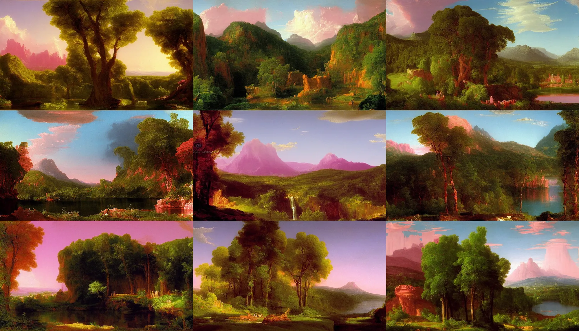 Prompt: pink american landscape, painted by thomas cole, colorful