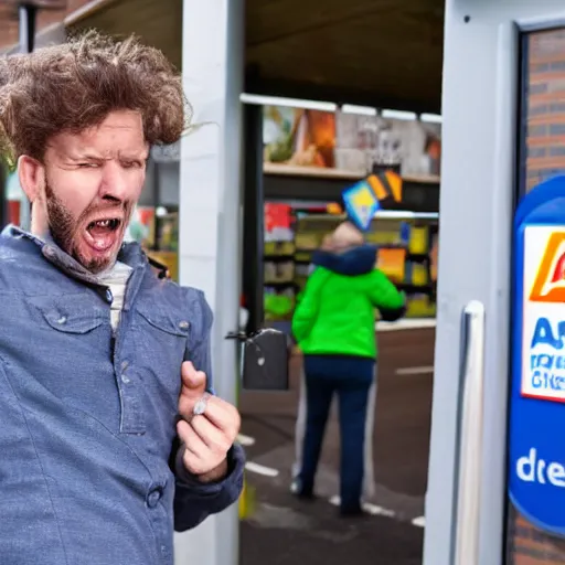 Image similar to a man terrified of entering an aldi supermarket, photo realistic