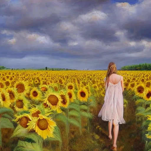 Image similar to a girl slowly walking through amazing tall sunflower field, hair flowing, early morning lighting, elegant, subtle, intricate details, real masterpiece, oil on canvas, by somsak anong