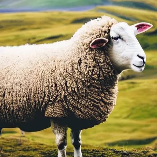 Prompt: portrait photo of a sheep wearing a sweater, iceland, grey sky, green hills, taken by Nikon, movie still,