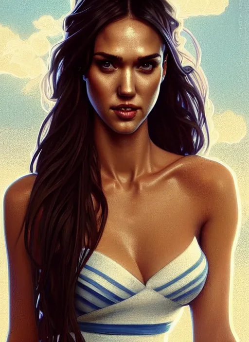 Image similar to portrait of woman who is a mix between jessica alba and megan fox, in a short blue and white dress, no shoes, intricate, full body shot, highly detailed, digital painting, artstation, concept art, sharp, smooth, crisp focus, cinematic lighting, illustration, art by artgerm and greg rutkowski, alphonse mucha, cgsociety