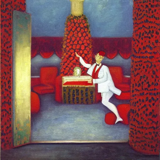 Prompt: oil painting of a satirical speakeasy by florine stettheimer