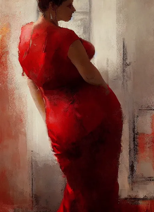 Image similar to beautiful plus size girl, red dress, painting by jeremy mann