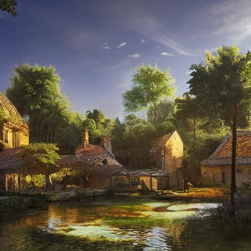 Prompt: a georgian village next to a pine forest, with a fishpond and courtyard, blue sky, sunny, detailed, volumetric, cinematic lighting, realistic, digital art by greg rukowski