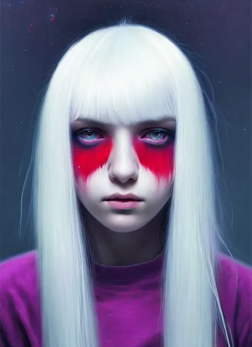 Image similar to hair whitebangs hair, black hair, whitebangs, portrait of teenage girl with white bangs, red irises, purple clothes, white bangs, bangs are different color from hair, intricate, elegant, glowing lights, highly detailed, digital painting, artstation, concept art, smooth, sharp focus, illustration, art by wlop, mars ravelo and greg rutkowski