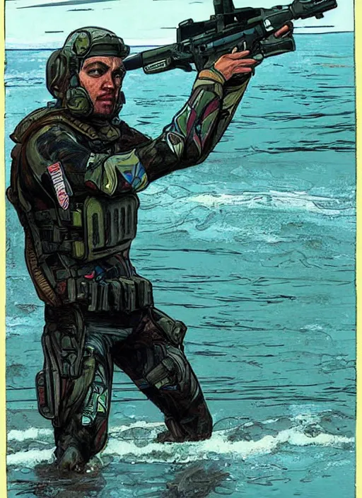 Image similar to Hector. USN blackops operator emerging from water at the shoreline. Agent wearing Futuristic wetsuit and looking at an abandoned shipyard. rb6s, MGS, and splinter cell Concept art by James Gurney, Alphonso Mucha. Vivid color scheme.