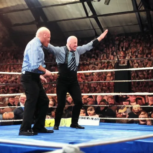 Prompt: Joe Biden dressed as Stone Cold Steve Austin in the wrestling ring, crowd cheering