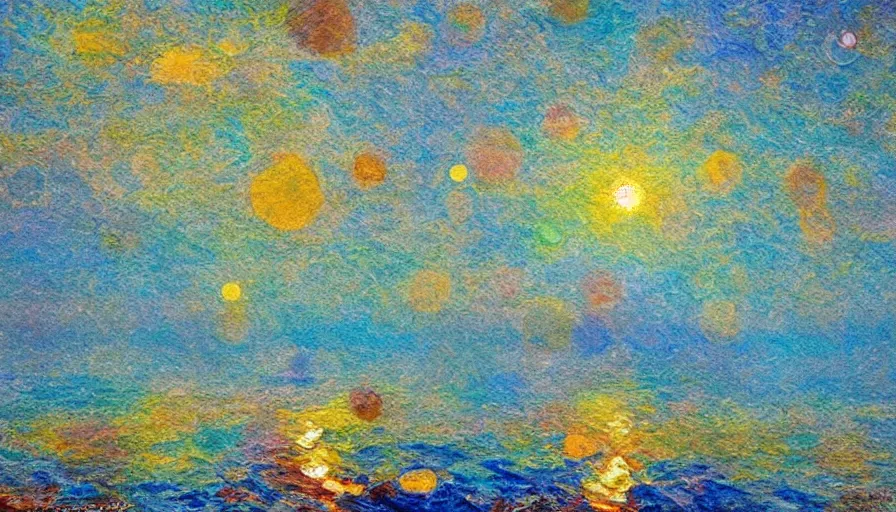 Image similar to hexagon sails, floating in space, blocking the sun, impressionist painting