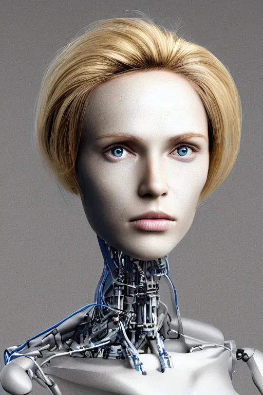 Image similar to robot with human face, female head, full body angle, woman human face, human face realistic, beautiful blonde hair, human head, human head with blonde hair, blonde hair human head, blonde hair, human realistic face, human head skin, cyborg frame concept, cyborg by ales-kotnik, sci-fi android female, the body is made of wires, robotic body, cyborg body, cyborg bust body, robot body cyborg, full body