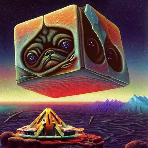 Image similar to galactic uncanny dark Antarctica cube pug pie raclette thorn , by Henriette Grindat and Jarosław Jaśnikowski and Bruce Pennington , vaporwave , voxel , renaissance painting