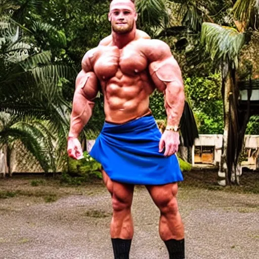 Prompt: still of chris bumstead in a skirt