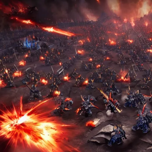 Prompt: The Emperor of mankind together with the primarchs are fighting against the Orcs. Epic battle, brutal style, super quality, 4k