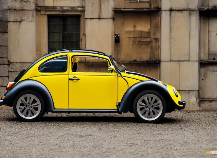 Prompt: a professional photograph of a yellow beetle Volkswagen car, car magazine XF IQ4, f/1.4, ISO 200, 1/160s, 8K, RAW, unedited, symmetrical balance, in-frame