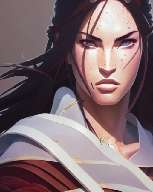 Image similar to azctec warrior, megan fox, detailed perfect face, exquisite details, fire magic, mid view, design on a white background, by studio muti, greg rutkowski makoto shinkai takashi takeuchi studio ghibli