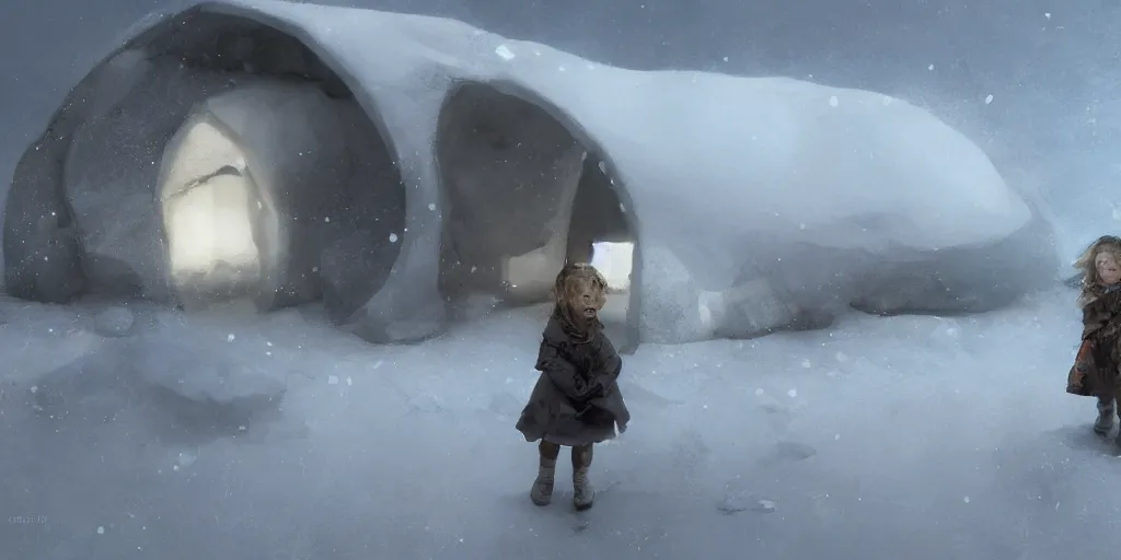 Prompt: young girl back to us in front of an igloo in the tundra,, joyful matte painting by ruan jia and craig mullins, trending on artstation