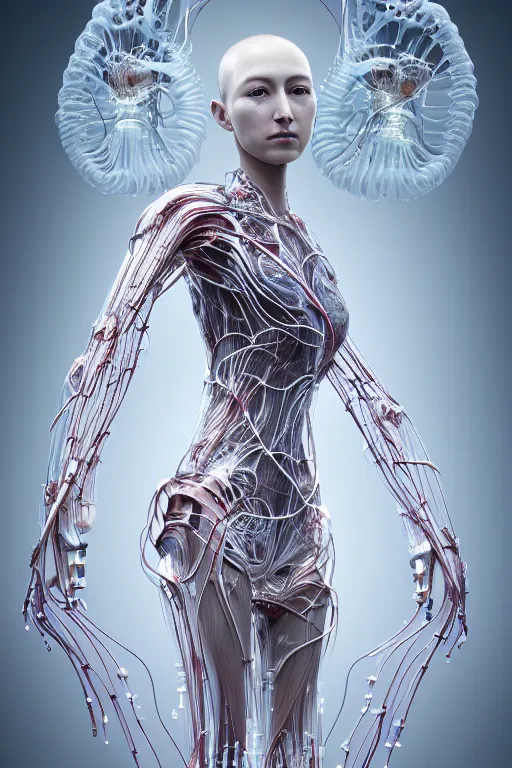 Image similar to iris van herpen, beautiful woman asian face, perfect symmetrical body, full body shot, inflateble shapes, wires, tubes, veins, jellyfish, white biomechanical details, wearing epic bionic cyborg implants, masterpiece, intricate, biopunk, vogue, highly detailed, artstation, concept art, cyberpunk, octane render